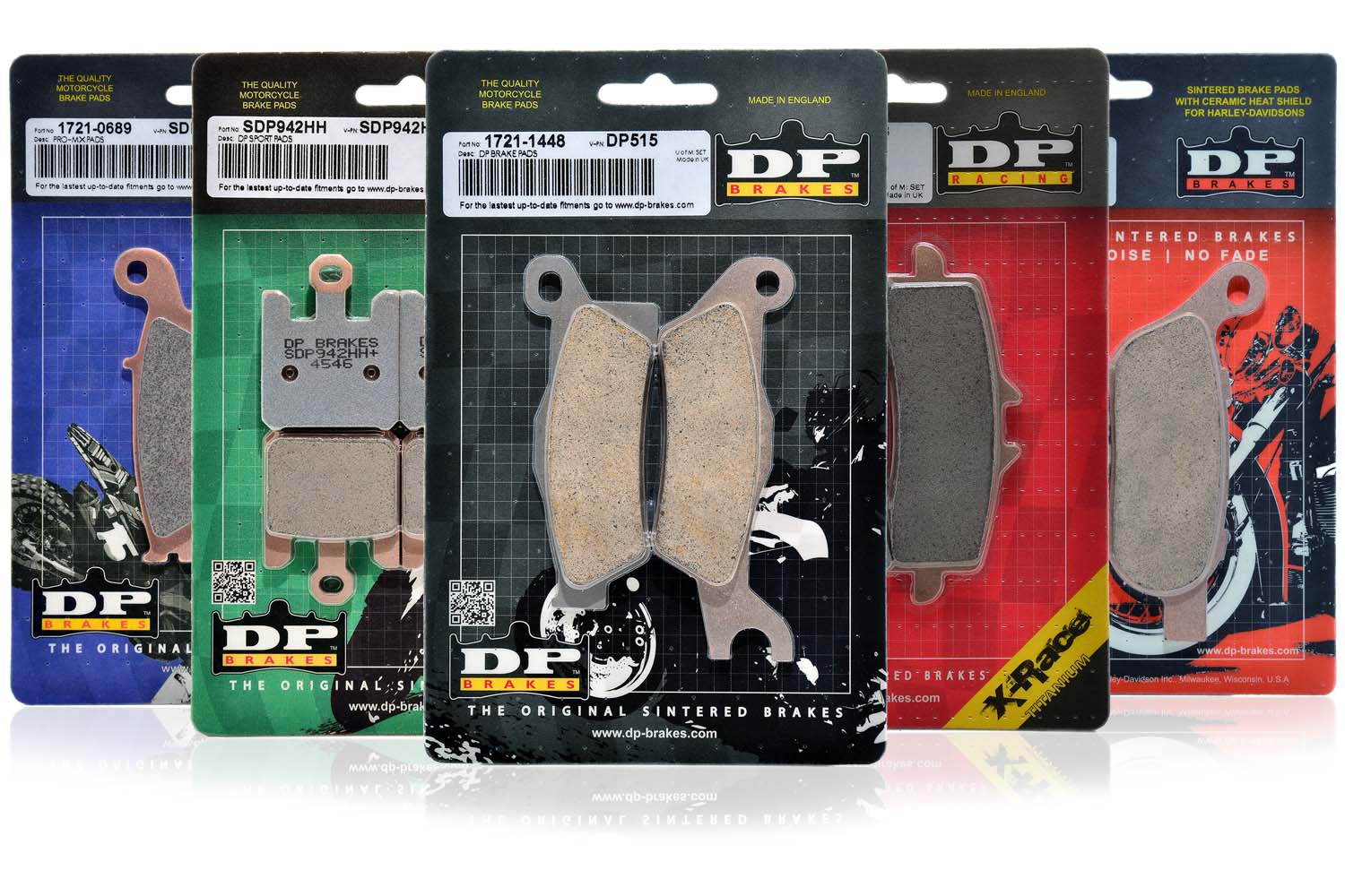 selection of dp brakes motorcycle brake pads in packaging